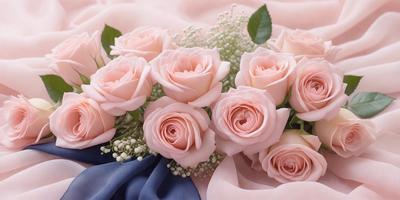 The primary subject of the image is a bouquet of pink roses. The setting is a pink background, which adds a soft and delicate touch to the scene. The visual style is a close-up of the bouquet, showcasing the details of the flowers. The colors and mood of the image are predominantly pink, creating a warm and romantic atmosphere.