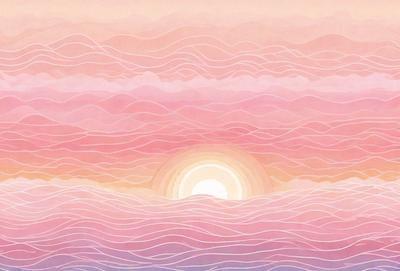 The primary subject of the image is a beautiful sunset, with the sun setting over a body of water. The setting is a serene beach scene, with the sun's rays reflecting off the water, creating a warm and inviting atmosphere. The visual style of the image is a combination of digital art and illustration, with the sunset and water painted in a vibrant palette of pink, orange, and blue hues. The overall mood of the image is one of tranquility and relaxation,