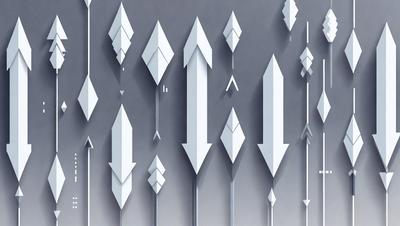The primary subject of the image is a series of white arrows, which are the main objects in the scene. The setting is a gray background, which provides a neutral and clean environment for the arrows. The visual style of the image is digital art, as the arrows are depicted in a digital manner. The colors and mood of the image are predominantly white, giving it a clean and minimalist appearance.