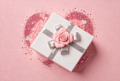 The primary subject of the image is a white box with a pink rose on top. The box is decorated with glittery pink hearts, adding a touch of elegance to the presentation. The setting is a pink background, which complements the rose and hearts, creating a visually appealing scene. The visual style is a combination of digital art and illustration, resulting in a unique and eye-catching design. The colors and mood of the image are predominantly pink and heartwarming, ev