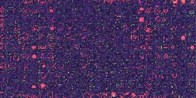 The image is a digital artwork featuring a purple and pink color scheme. The primary subject is a dense, intricate, and colorful pattern, which creates a visually striking and vibrant atmosphere. The setting is a cityscape, with buildings and streets visible in the background. The visual style is a combination of digital art and illustration, giving the image a unique and artistic appearance.