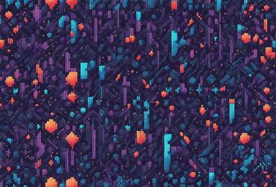 The primary subject of the image is a purple and blue patterned background with a variety of geometric shapes and bright colors. The setting appears to be a futuristic or digital environment, possibly a video game or a digital art piece. The visual style is a combination of digital art and illustration, creating a vibrant and dynamic scene. The dominant colors are purple and blue, with the addition of bright orange and red accents, giving the overall atmosphere a lively and energetic feel.