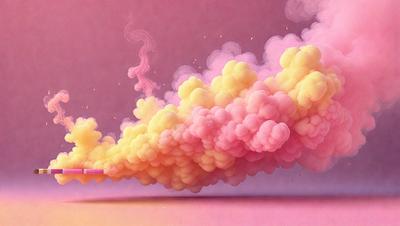 The primary subject of the image is a colorful, swirling cloud of smoke or vapor. The setting is a pink background, which adds to the overall atmosphere of the scene. The visual style is a combination of digital art and illustration, creating a vibrant and dynamic image. The colors and mood are predominantly pink, which gives the scene a warm and inviting feel.