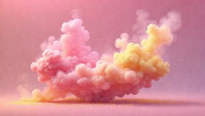 The primary subject of the image is a pink, yellow, and white cloud, which is the main focus of the scene. The cloud is floating in a pink background, creating a visually striking contrast. The visual style of the image is a combination of photo and digital art, as it appears to be a photo with a digital artistic touch. The colors and mood of the image are predominantly pink and warm, giving it a soft and inviting atmosphere.