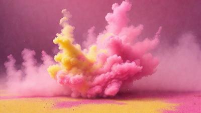 The primary subject of the image is a pink and yellow smoke, which is billowing upwards and creating a colorful and dynamic scene. The smoke is filling the entire frame, creating a sense of depth and movement. The setting appears to be an outdoor environment, with the smoke rising into the sky. The visual style of the image is a combination of photo and digital art, as the smoke appears to be digitally manipulated to create the vibrant colors and dynamic form. The dominant colors in the image are pink and