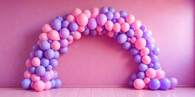 The primary subject of the image is a large, colorful balloon archway. The archway is made up of numerous balloons, creating a visually striking and playful scene. The balloons are arranged in a way that forms a tunnel-like structure, inviting people to pass through. The setting is a room with a pink wall, which adds to the overall atmosphere of the scene. The visual style of the image is a combination of photo and digital art, creating a unique and eye-catching display.