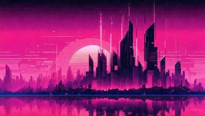 The primary subject of the image is a futuristic cityscape with a pink skyline. The city is filled with tall buildings, and the sun is setting in the background. The visual style of the image is digital art, giving it a unique and vibrant appearance. The dominant colors in the scene are pink and purple, creating a dreamy and surreal atmosphere.