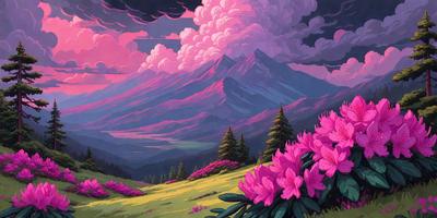 The primary subject of the image is a field of flowers, with a mountain range in the background. The setting is a lush green field with a mountain range in the distance. The visual style is an illustration or a painting, with a vibrant color palette that includes pink and purple flowers. The overall atmosphere is serene and picturesque, with the flowers and mountain range creating a sense of natural beauty.