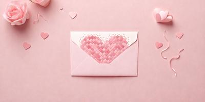 The primary subject of the image is a pink heart-shaped envelope. The envelope is made of paper and features a heart design on the front. The setting is a pink background, which complements the heart-shaped envelope. The visual style is a close-up of the envelope, showcasing its unique design. The colors and mood of the image are predominantly pink, creating a warm and romantic atmosphere.