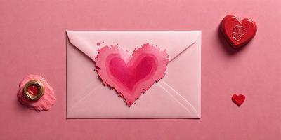 The primary subject of the image is a pink envelope with a heart-shaped stamp on it. The envelope is placed on a pink surface, which adds to the overall mood and visual style of the image. The heart-shaped stamp is a digital artwork, giving the scene a unique and creative touch.