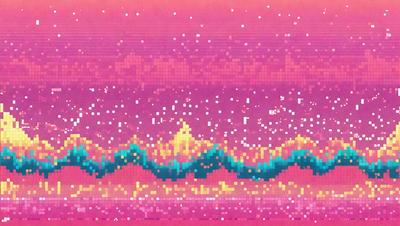 The primary subject of the image is a colorful, digital art piece featuring a mountain range. The setting is a pink and purple sky, which adds a vibrant and lively atmosphere to the scene. The visual style is a mix of digital art and illustration, creating a unique and eye-catching design. The dominant colors are pink, purple, and blue, which contribute to the overall mood of the image, which is energetic and lively.