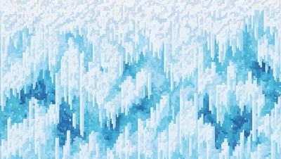The primary subject of the image is a blue and white iceberg. The setting is a blue sky, and the visual style is digital art. The iceberg is the main focus of the image, and the overall atmosphere is cold and icy.