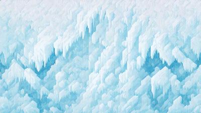 The primary subject of the image is a large, intricate ice formation, possibly a mountain or a glacier. The setting is a snowy landscape, with the ice formation as the main focus. The visual style is a combination of digital art and illustration, creating a unique and captivating scene. The colors and mood of the image are predominantly blue and white, giving it a cold and icy atmosphere.