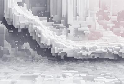 The primary subject of the image is a digital art piece featuring a large, white, and gray wave. The setting is a cloudy sky, and the visual style is a combination of photo and digital art. The dominant colors are white and gray, creating a calm and serene atmosphere.
