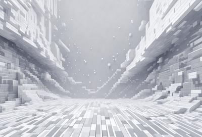 The primary subject of the image is a white, three-dimensional structure, possibly a building or a sculpture. The setting is a white, brick-like surface, which adds to the overall visual style. The image is a digital art or illustration, showcasing a unique and intricate design. The colors and mood of the image are predominantly white, giving it a clean and minimalist appearance.