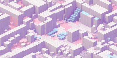 The primary subject of the image is a three-dimensional, colorful, and abstract design made of various shapes and colors. The setting is a purple and white background, which adds to the visual style of the image. The overall atmosphere is vibrant and creative, with the design resembling a mountain or a complex structure.