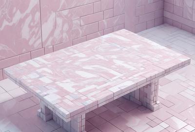 The primary subject of the image is a pink marble table. The table is placed on a pink marble floor, which creates a cohesive and visually appealing setting. The visual style of the image is digital art, as it appears to be a computer-generated or digitally rendered scene. The colors and mood of the image are predominantly pink, giving it a warm and inviting atmosphere.