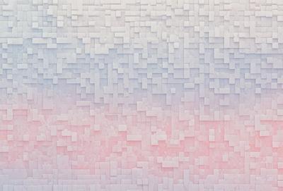 The primary subject of the image is a large, colorful, and abstract wall made of blocks. The setting is a room with a pink background, and the visual style is a combination of digital art and illustration. The dominant colors are pink and white, creating a warm and inviting atmosphere.