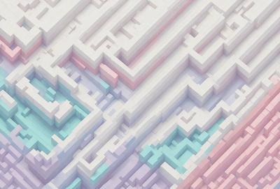 The primary subject of the image is a three-dimensional, colorful, and intricate pattern made of blocks. The setting is a white background, which contrasts with the vibrant colors of the pattern. The visual style is a combination of digital art and illustration, creating a unique and eye-catching design. The colors and mood of the image are lively and energetic, with a sense of depth and complexity due to the three-dimensional nature of the pattern.