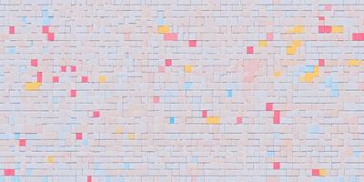 The primary subject of the image is a large, colorful brick wall. The setting is a room with a white background, and the visual style is a combination of photo and digital art. The wall is covered with a variety of colored bricks, creating a vibrant and lively atmosphere. The dominant colors are pink, yellow, blue, and white, which contribute to the overall cheerful and lively mood of the scene.