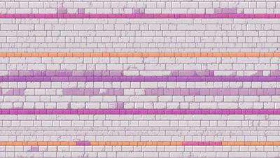 The primary subject of the image is a brick wall with a purple and orange striped pattern. The setting is a brick wall, and the visual style is a photo. The dominant colors are purple and orange, creating a vibrant and lively atmosphere.