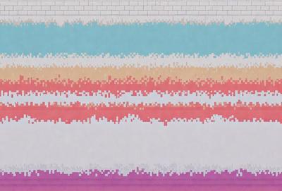 The primary subject of the image is a colorful brick wall. The setting is a brick wall, and the visual style is digital art. The colors and mood of the image are vibrant and lively, with a mix of pink, blue, yellow, and orange hues.