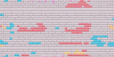 The primary subject of the image is a brick wall with a variety of colors and patterns. The setting is a brick wall, and the visual style appears to be a combination of photo and digital art. The colors and mood of the image are vibrant and lively, with a mix of red, blue, yellow, and pink colors.