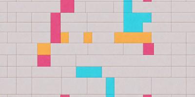 The primary subject of the image is a brick wall with a unique pattern of colored squares. The setting is a brick wall, and the visual style appears to be a combination of photo and digital art. The colors and mood of the image are vibrant and lively, with the colored squares creating a visually engaging pattern.