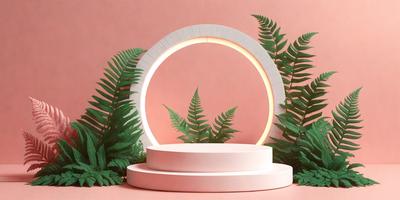 The primary subject of the image is a white circular structure, possibly a light or a sculpture, placed in a pink environment. The setting appears to be a tropical or jungle-like area, with green plants surrounding the circular structure. The visual style of the image is a combination of photo and digital art, creating a unique and intriguing scene. The colors and mood of the image are predominantly pink and green, giving it a warm and lively atmosphere.