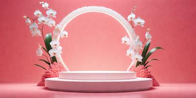 The primary subject of the image is a white flower arrangement, which is placed on a pink surface. The setting appears to be a stage or a decorative display, as the flowers are arranged in a circular pattern. The visual style of the image is a combination of photo and digital art, creating a unique and eye-catching presentation. The colors and mood of the image are predominantly pink, which adds a sense of warmth and elegance to the scene.