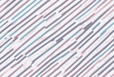 The primary subject of the image is a patterned wallpaper with a striped design. The setting is a room with a white background, and the visual style appears to be a combination of a photo and a digital art or illustration. The dominant colors in the image are pink, blue, and white, creating a warm and inviting atmosphere.
