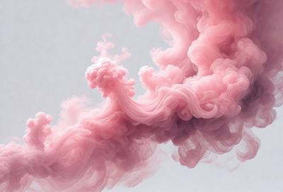 The primary subject of the image is a pink, swirling, and flowing mass of smoke or vapor. The setting is a gray background, which contrasts with the pink smoke. The visual style is a combination of photo and digital art, creating a unique and artistic representation of the pink smoke. The colors and mood of the image are predominantly pink, giving it a soft and dreamy atmosphere.
