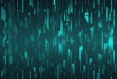 The primary subject of the image is a blue and green patterned background. The setting is a dark, blue-green environment, which creates a moody atmosphere. The visual style is a combination of digital art and illustration, with the blue and green colors dominating the scene.
