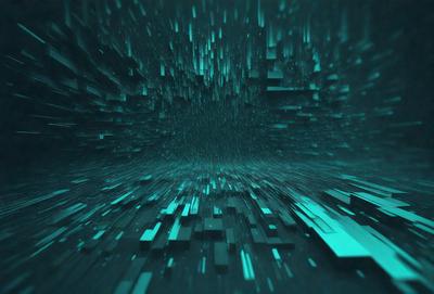 The primary subject of the image is a blue, digital art piece featuring a large, open space with a blue background. The visual style of the image is digital art, and the colors and mood convey a sense of depth and tranquility.