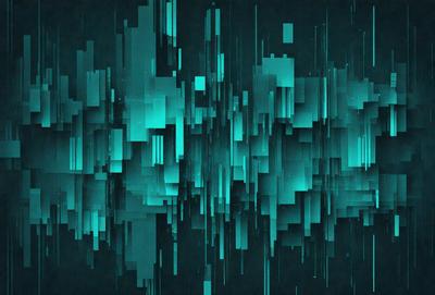 The primary subject of the image is a colorful, abstract artwork featuring a blue and green color scheme. The setting is a dark background, which contrasts with the vibrant colors of the artwork. The visual style appears to be a combination of digital art and illustration, creating a unique and eye-catching piece. The overall atmosphere of the image is energetic and dynamic, with the artwork's colors and patterns evoking a sense of movement and creativity.