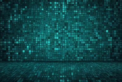 The primary subject of the image is a blue wall with a pattern of blue squares. The setting is a room with a blue wall, and the visual style is a digital art or illustration. The dominant colors are blue, and the overall atmosphere is calm and serene.