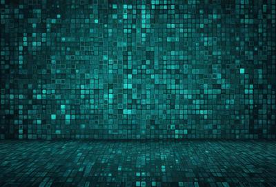 The primary subject of the image is a blue wall with a pattern of blue squares. The setting is a room with a blue wall as the main focus. The visual style is a digital art or illustration, as the blue squares create a unique and visually appealing pattern. The colors and mood of the image are predominantly blue, creating a calm and serene atmosphere.