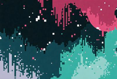 The primary subject of the image is a colorful, pixelated landscape. The setting is a vibrant, digital artwork with a mix of green, blue, and pink colors. The visual style is a combination of digital art and illustration, creating a unique and eye-catching scene. The overall atmosphere is lively and energetic, with the colors and patterns creating a sense of movement and dynamism.
