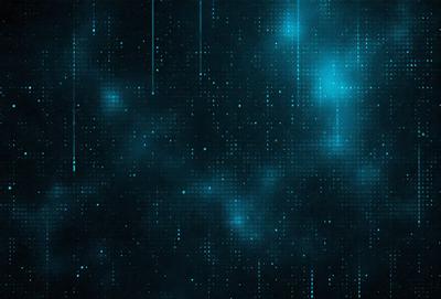 The primary subject of the image is a blue and white patterned background. The setting is a dark, cloudy sky, which creates a moody atmosphere. The visual style is a combination of digital art and illustration, with the blue and white pattern resembling a digital artwork. The colors and mood of the image are predominantly dark and moody, with the blue and white pattern providing a contrasting element.