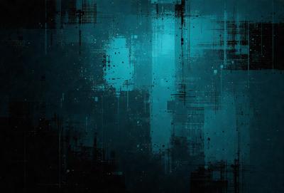 The primary subject of the image is a blue and black digital artwork featuring a pattern of squares and dots. The setting is a dark background, and the visual style is a combination of digital art and illustration. The dominant colors are blue and black, creating a moody and mysterious atmosphere.