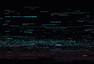The primary subject of the image is a computer screen displaying a blue and red pattern. The setting is a dark room, and the visual style appears to be a digital art or illustration. The dominant colors in the image are blue and red, creating a vibrant and lively atmosphere.