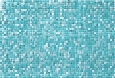 The primary subject of the image is a blue tile wall with a pattern of blue squares. The setting is a room with a blue tile floor, and the visual style is a close-up of the blue tile wall. The colors and mood of the image are predominantly blue, creating a calm and serene atmosphere.