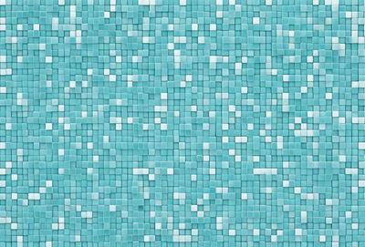 The primary subject of the image is a blue tile wall with a pattern of white squares. The setting is a room with a blue tile floor. The visual style is a close-up of the blue tile wall, showcasing the intricate pattern of the white squares. The colors and mood of the image are predominantly blue and white, creating a calm and serene atmosphere.
