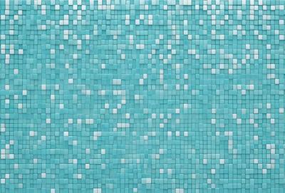 The primary subject of the image is a blue tile wall with a pattern of white squares. The setting is a room with a blue tile floor. The visual style is a close-up of the blue tile wall, showcasing the intricate pattern of white squares. The colors and mood of the image are predominantly blue and calm, creating a serene atmosphere.
