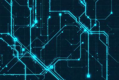 The primary subject of the image is a complex network of wires and connections, which is displayed in a blue and green color scheme. The setting is a dark background, which contrasts with the bright colors of the wires. The visual style is a combination of digital art and illustration, creating a futuristic and technological atmosphere. The colors and mood of the image are vibrant and energetic, with the blue and green hues evoking a sense of innovation and progress.