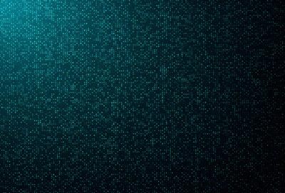 The primary subject of the image is a blue background with a pattern of small blue squares. The setting is a dark room, and the visual style appears to be a digital art or illustration. The dominant colors are blue and black, creating a calm and serene atmosphere.