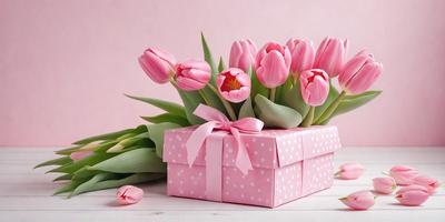 The primary subject of the image is a pink box filled with pink tulips. The setting is a pink background, which adds to the overall mood of the scene. The visual style is a close-up of the box and flowers, showcasing the details of the pink polka dot box and the pink tulips. The colors and mood of the image are predominantly pink, creating a warm and inviting atmosphere.