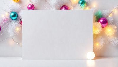 The primary subject of the image is a white board with a blank space on it. The setting is a room with a Christmas tree in the background. The visual style is a photo, and the colors and mood are festive and joyful, as the room is decorated for the holiday season.