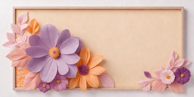 The primary subject of the image is a purple and orange flower, which is the main focus of the scene. The setting is a wooden frame, and the visual style appears to be a combination of a photo and digital art. The dominant colors in the image are purple and orange, creating a vibrant and lively atmosphere.