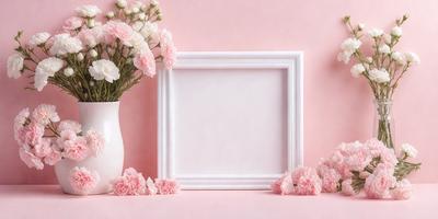 The primary subject of the image is a white picture frame with a pink background. The frame is adorned with a bouquet of pink flowers, creating a visually appealing and elegant display. The setting is a pink wall, which complements the white frame and the flowers, creating a harmonious and pleasing aesthetic. The visual style of the image is a combination of digital art and photography, resulting in a high-quality and detailed representation of the scene. The colors and mood of the image